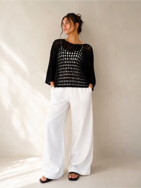 Hand Knitted Black Open-Knit Silk, Bamboo and cashmere Sweater size medium